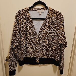 Michael Kors Leopard Print Cardigan with Black Trim